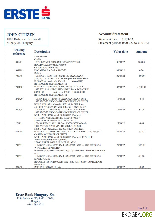 Relevé bancaire Hongrie Erste